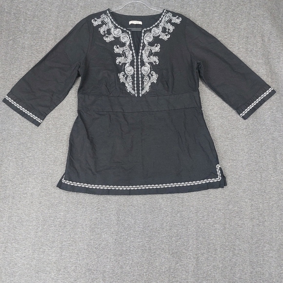 Covington Tops - COVINGTON WOMEN BLACK WHITE EMBROIDERED BEADED LINEN BLEND 3/4 SLEEVE BOHO TOP M